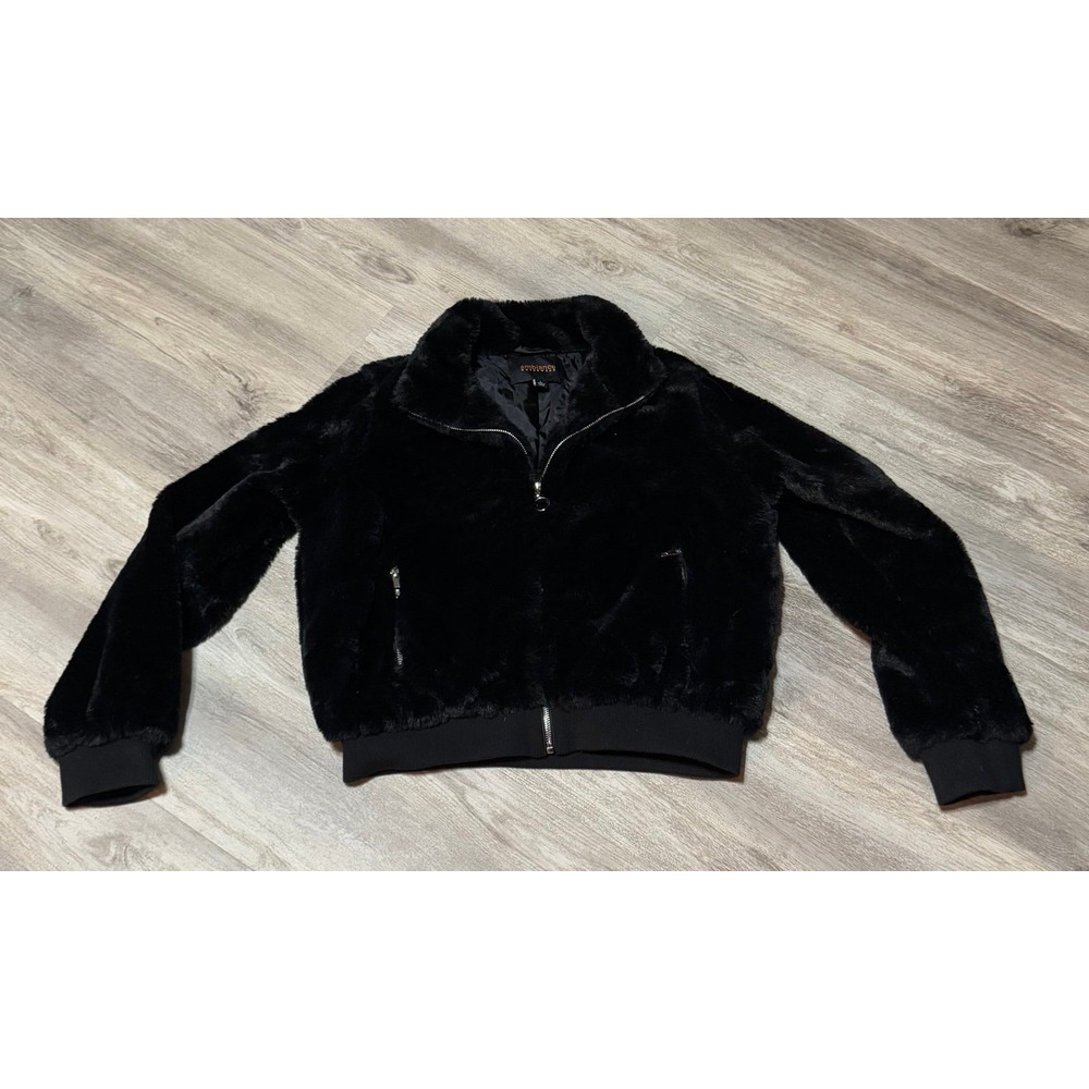 Ambience Outerwear Women's Black Faux Fur Soft Fluffy Jacket sz Large Full Zip